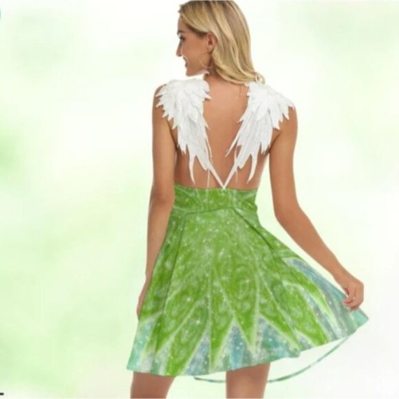 Tinkerbell Green Fairy Dress With Leafy wing Sleeves & Sparkling Small - Picture 2 of 8